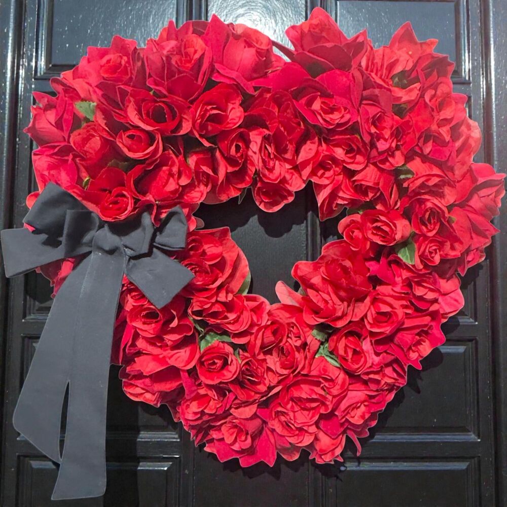 Red Rose Heart Wreath with Black Bow – Valentine’s Day Door Decor, Romantic Love